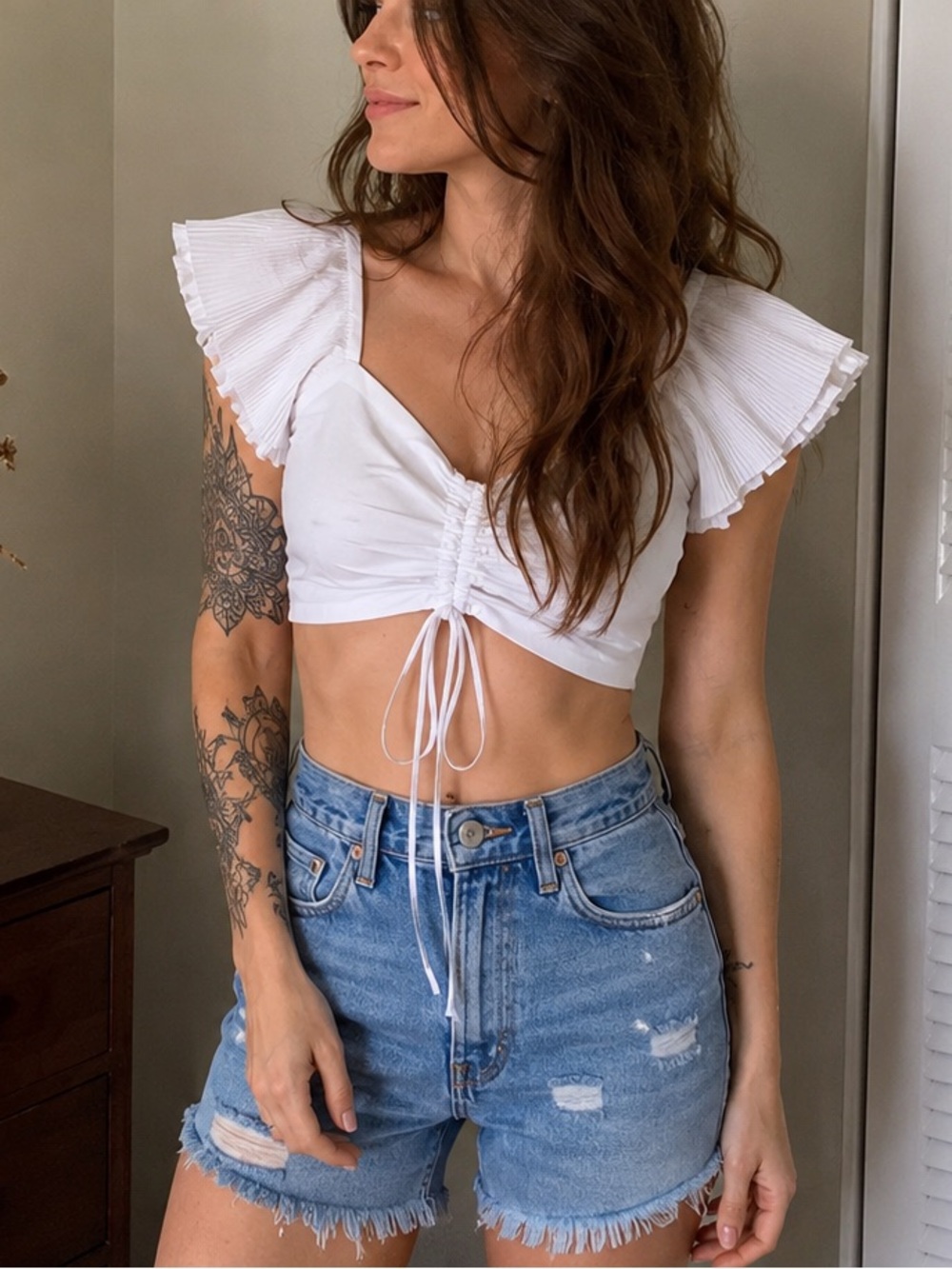 Zara Ruffle Cap Sleeve Ruched Tie-Front Crop Top XS White